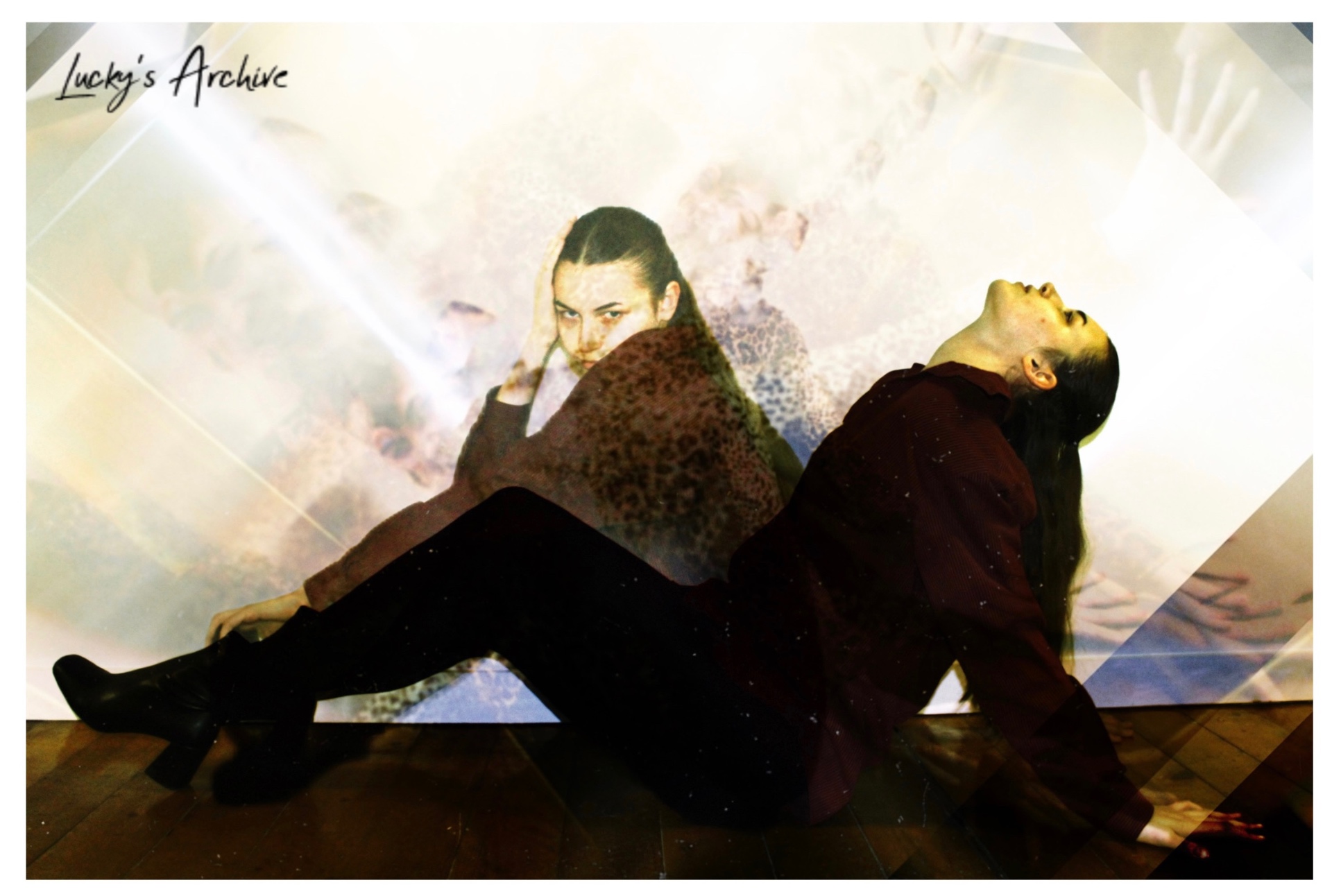 Double-exposure editorial portrait on a wooden floor