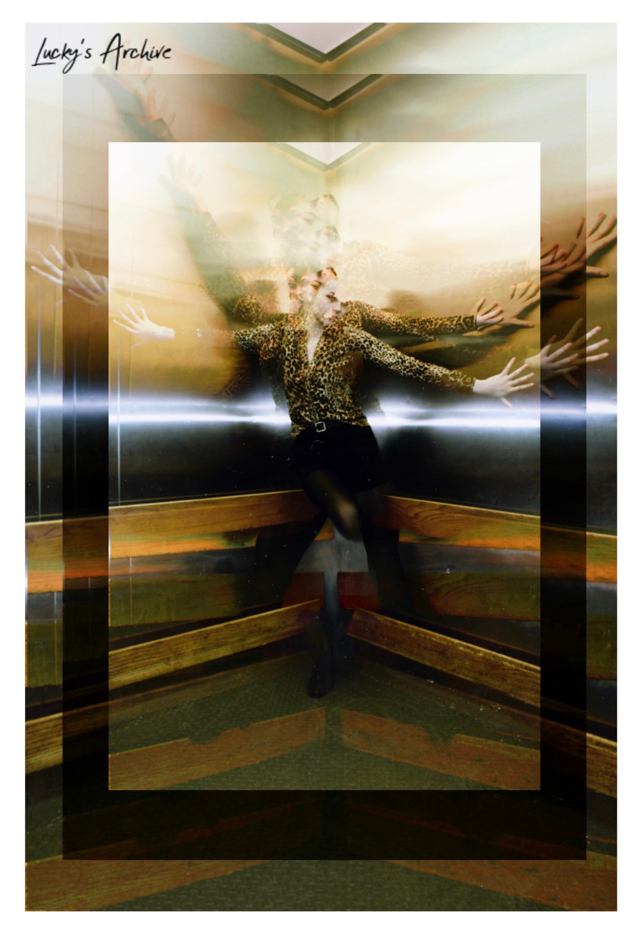 Motion-blur experimental portrait in an elevator